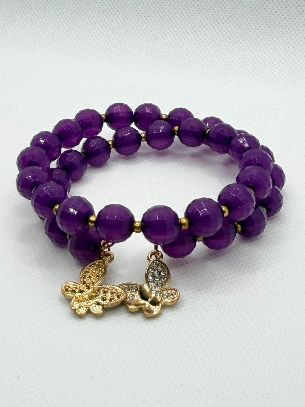 Artisan Facetted Glass Purple Beaded Wrap Bracelet w Goldtone Butterfly Charms